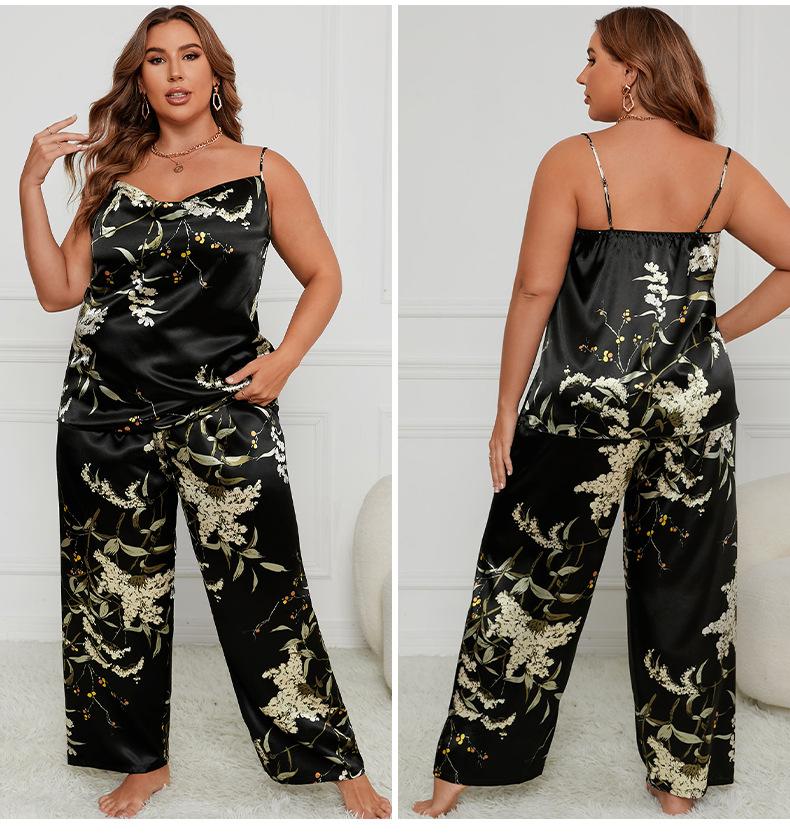 

Большой размер, камзол на бретельках + брюки, пижамы, женский летний халат, сексуальный халат, домашнее платье, домашний костюм из ледяного шелка 4XL чёрный