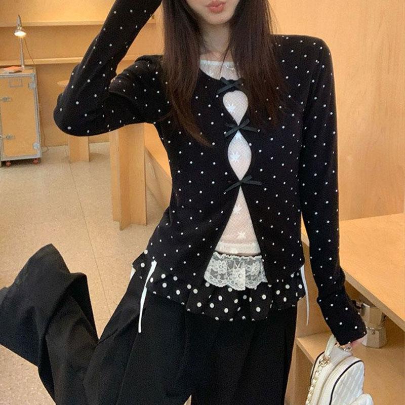 Korean Polka Dot Slim Lace Slim T-shirts Female Clothing Fake Two Pieces Tops Spring Autumn Long Sleeve Sweet Bow Pullovers