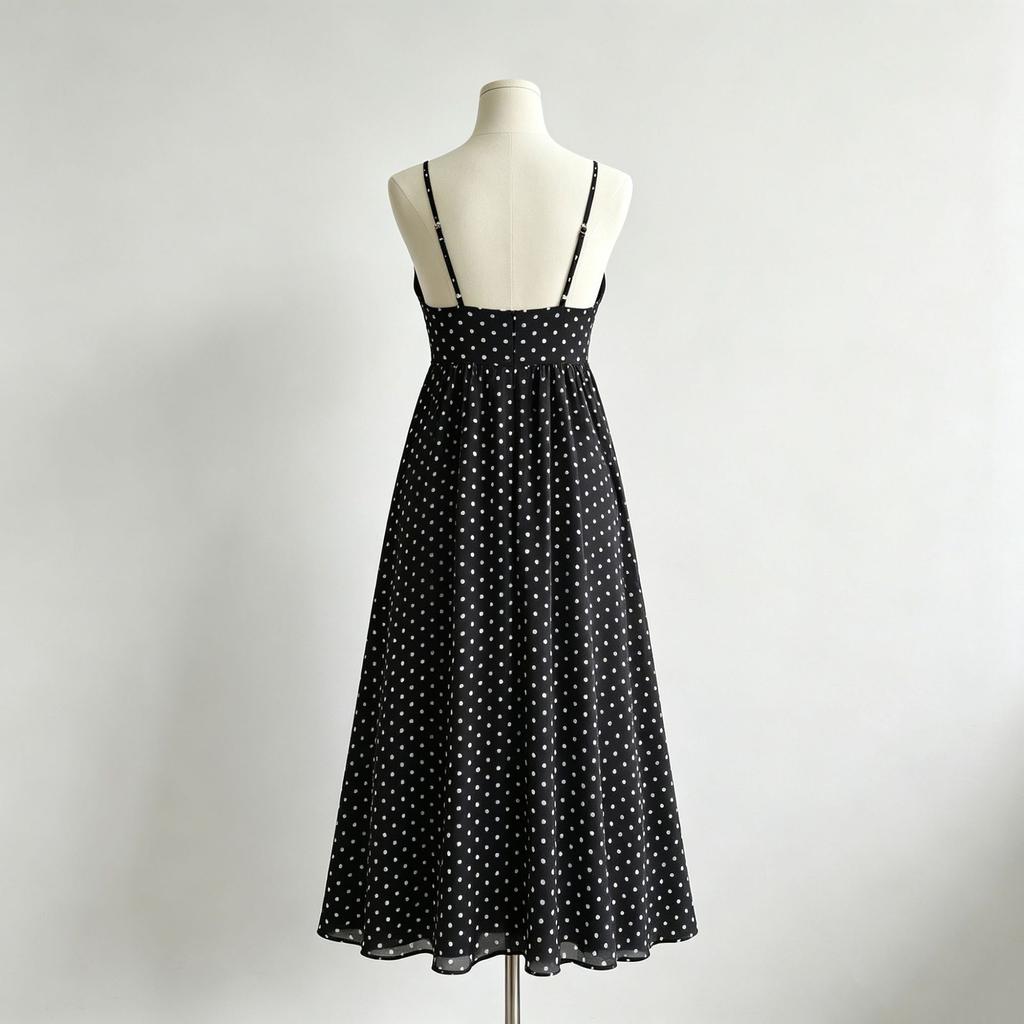 Hepburn-style black-and-white polka dot spaghetti strap long dress, summer new women's deep V-neck cut-out waist-cinching French dress