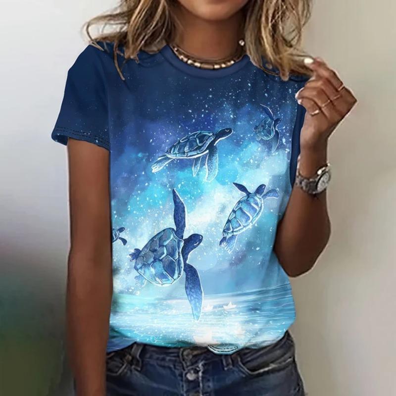Fashion Turtle 3D Printed Summer T-shirt for Women's Outdoor Clothing Harajuku Casual Short Sleeved T-shirt for Women Round Neck T-shirt Top