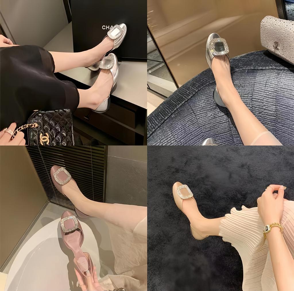 Sheepskin Version of Grape Mother, the Same Spring and Summer New Fairy Square Diamond Buckle Shallow Mouth Shoes Hollow Sandals Women's Flat Shoes