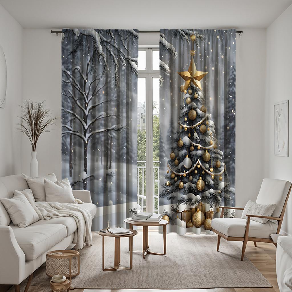 2 pieces of HD Christmas tree Snow Mountain scenery decorative curtain white tie digital printed curtain home decoration style d