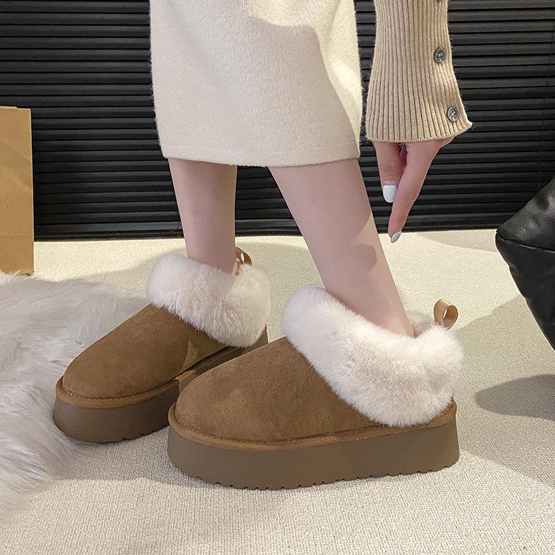 Snow Boots Women's 2025 New Fur Integrated Thick Sole Heightening Short Tube Piled and Thickened Lazy One-pedal Cotton Shoes