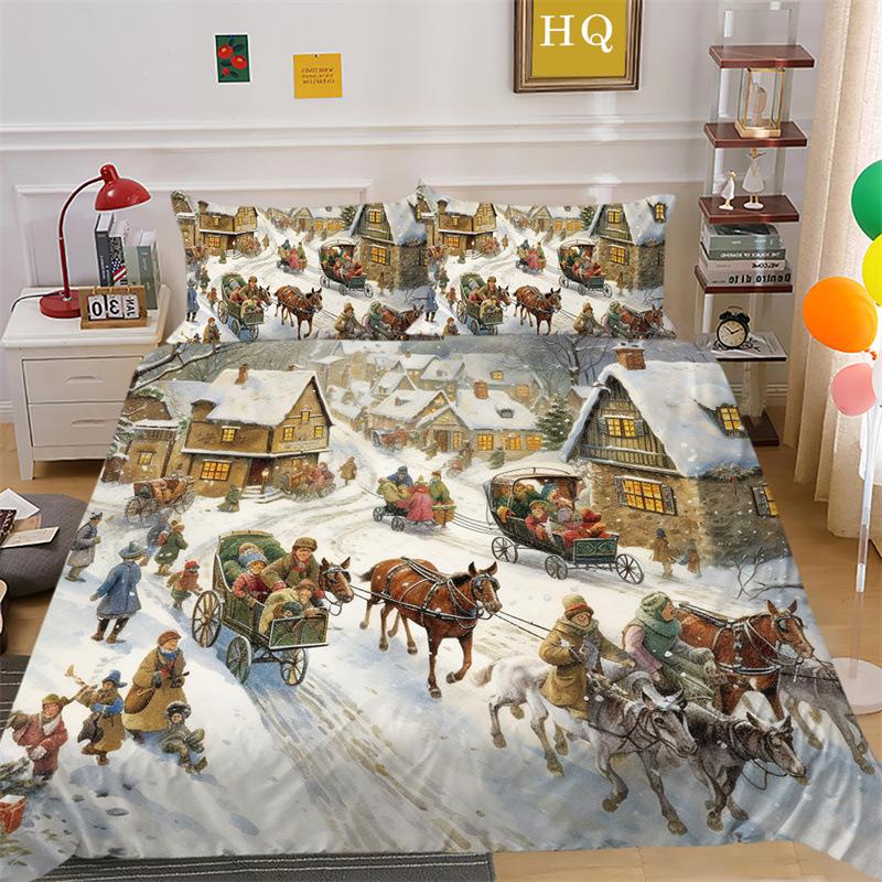 Christmas Snow Scene 3D Printed Polyester Pillowcase Quilt Cover Two Or Three Piece Set