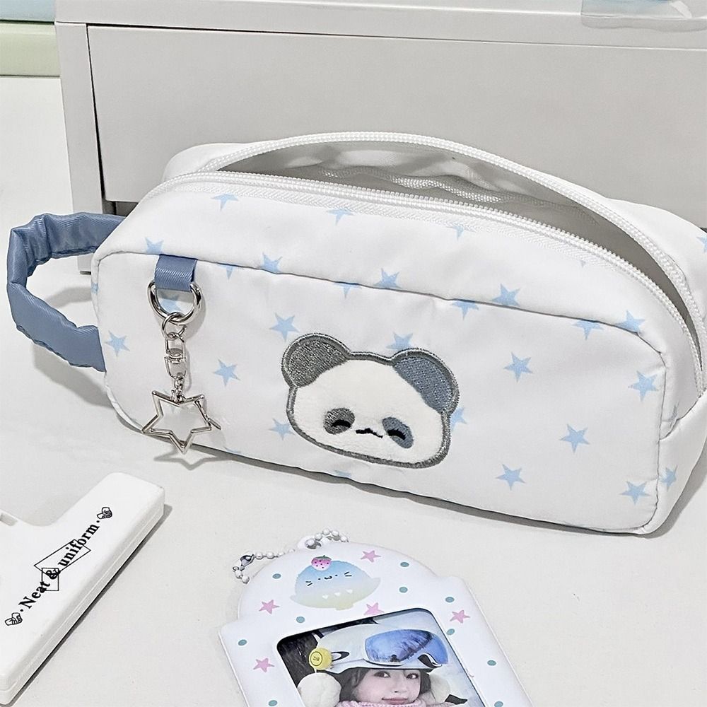 Durable White Pen Bag Large Capacity Star Panda Pattern Pencil Case Handheld Portable Stationery Storing Bag Students