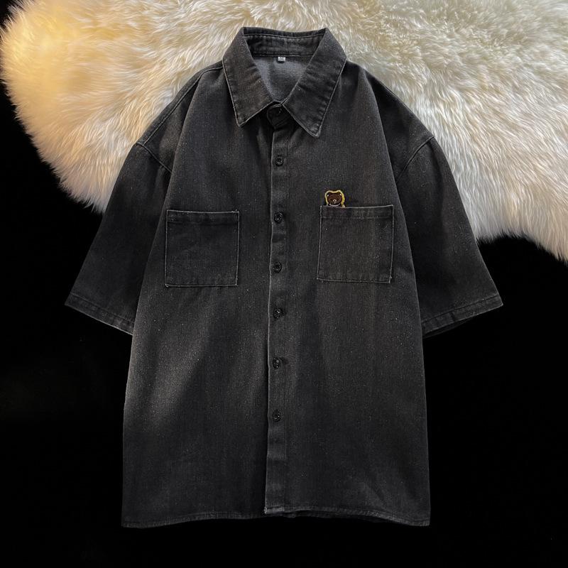 

Мужская рубашка из денима в стиле ретро с коротким рукавом — стиль Гонконга и Кореи, свободный крой, модная летняя куртка с коротким рукавом 2XL серый/чёрный