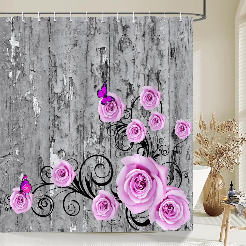 1 Pc Blue Rose Patterned Polyester Material Shower Curtain Waterproof Fabric, Flowers Print Bathroom Curtain Partition Curtain