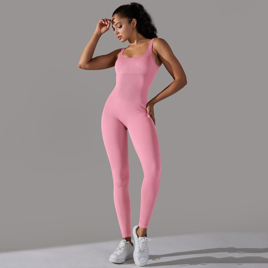 Seamless Knitted Thread Solid Color Tight Flat Collar Jumpsuit For Sports Running, Fitness Yoga, And Fitness