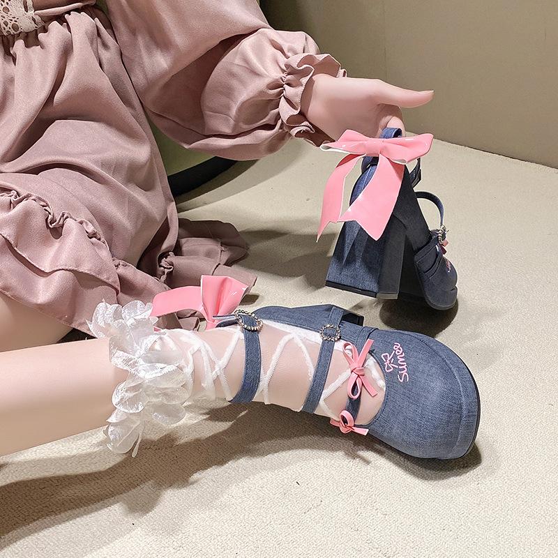 Mary Jane Thick-soled Thick-heeled High-heeled Bow 2025 Summer New One-word Strap Women's High-heeled Sandals Lolita Women's Shoes