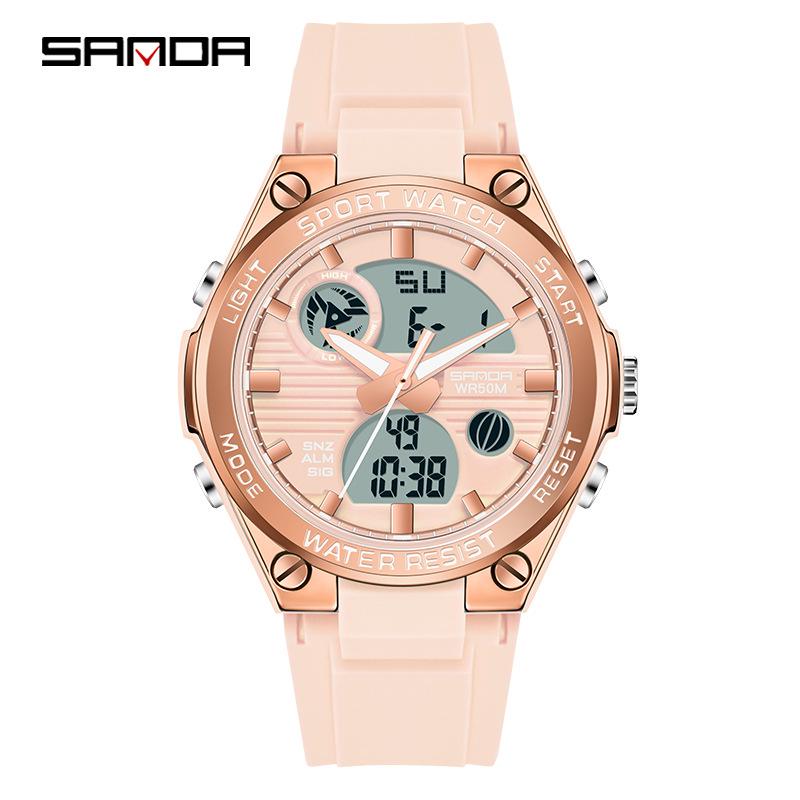 Sanda Trendy Waterproof Sports Watch - Minimalist Design with Dual Display for Students