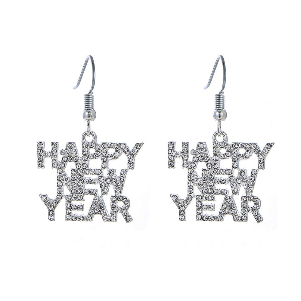 

1 Pair Elegant New Year Earrings Gold/Silver Shining Letter Earrings HAPPER NEW YEAR Metal Inlaid Dangling Earrings for Women серебряный