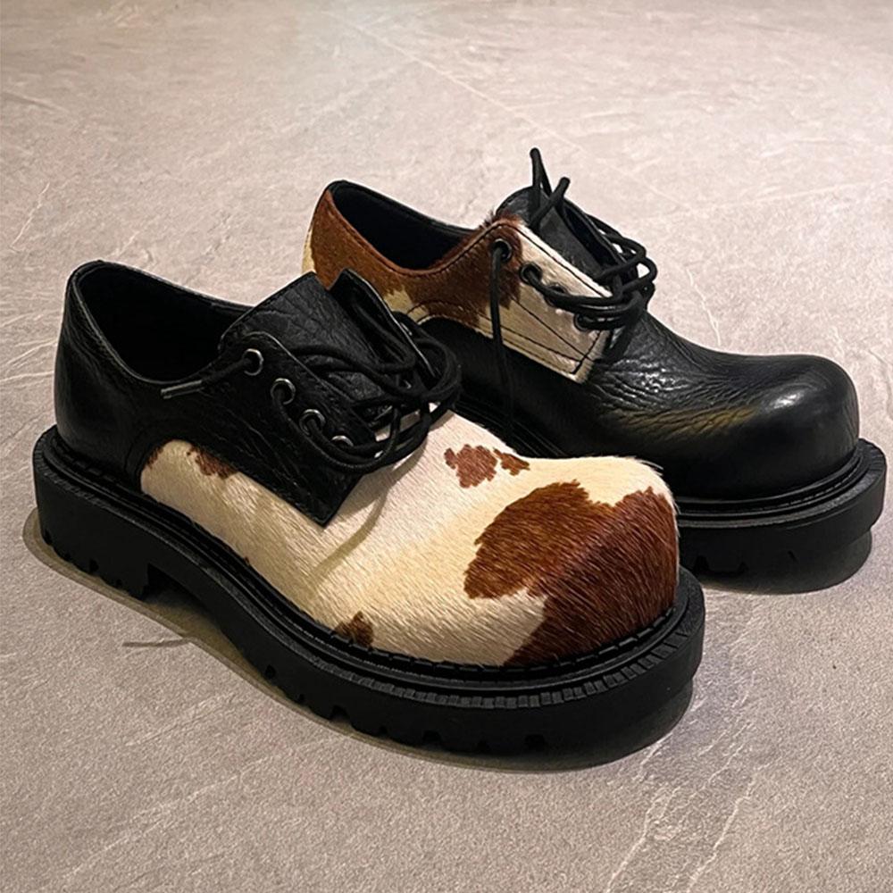 

Мода 2025 Большой размер 46 Унисекс Ретро Дерби Туфли Женские Винтажные На шнуровке С коровьим узором Из конского волоса С широким носком Балетки для мужчин 35