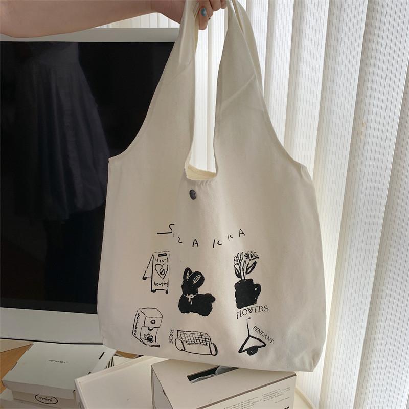 Просторная холщовая сумка-тоут с милым мультяшным принтом Стильная сумка через плечо для повседневного использования Coffee Rabbit
