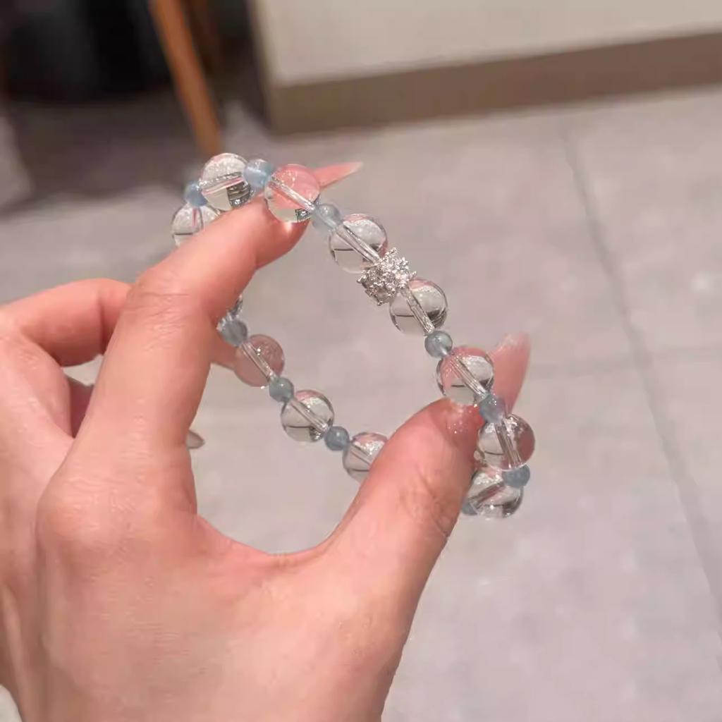 Natural Brazilian aquamarine and white crystal original design bracelet for women, a birthday gift for a best friend