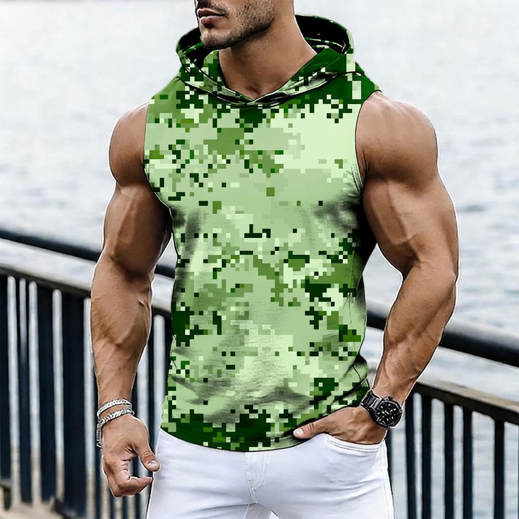 Men's Casual Fashion Printed Sleeveless Hooded Tops | Lightweight Summer Hooded Tank Tops