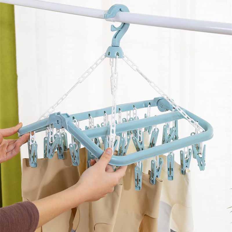 32 Clips Folding Clothes Hanger Dryer Windproof Pants Socks Underwear Plastic Drying Laundry Rack Home Household Accessory