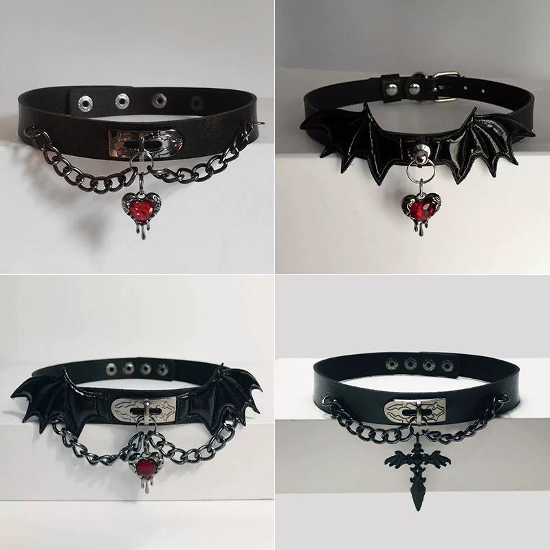 Gothic Punk Black Leather Choker Necklace for Women Red Heart Cross Charm Pendent Necklace Y2K Jewelry Unisex