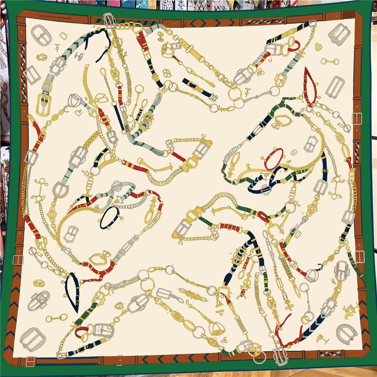 

130CM Luxury Printed Imitation Silk Wool Scarf Women Large Shawl French Square Bandana Kerchief Hijab Scarves for Ladies 130x130cm