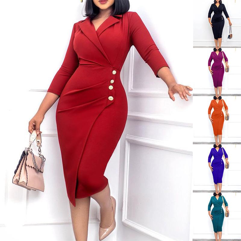 

Slim-Fit Women s Professional Suit Collar Button Dress XL синий