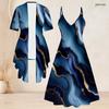 Women Plus Size Two Piece Set Marble Printed Short Sleeve Cardigan V Neck Strappy Flared Dress