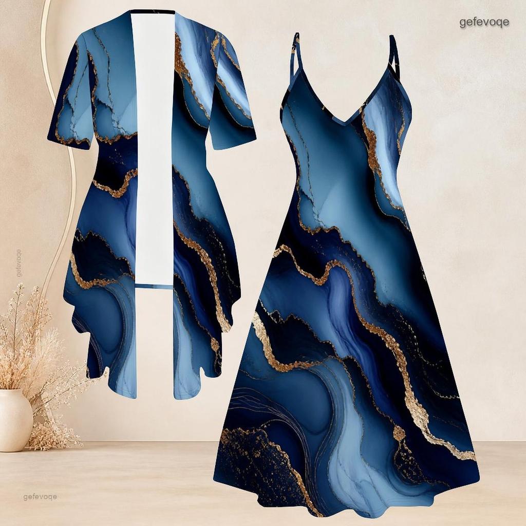 Women Plus Size Two Piece Set Marble Printed Short Sleeve Cardigan V Neck Strappy Flared Dress