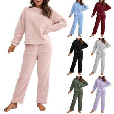 2 Pcs/Set Pajama Set Autumn Winter Casual Outfit Top Pants Set Round Neck Long Sleeve Top Elastic Waist Sport Tracksuit Daily Clothes Sleepwear