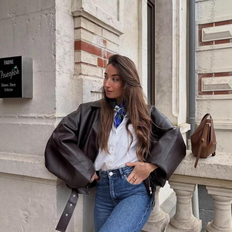Cross-border European and American women's fashion 2026 trending American vintage leather jackets with belts and long-sleeve jackets