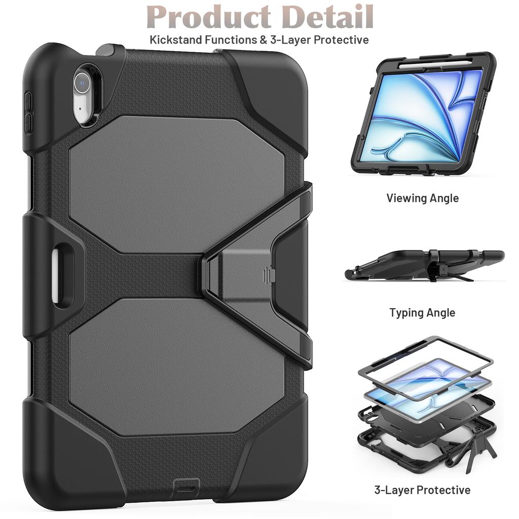 For iPad Air 11 (2025)/(2024) Case with Built-In Screen Protector Kickstand PC+Silicone Tablet Cover