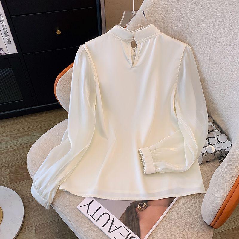 Embroidered Beads and Buckles Modified Cheongsam Satin Long-sleeved Shirt