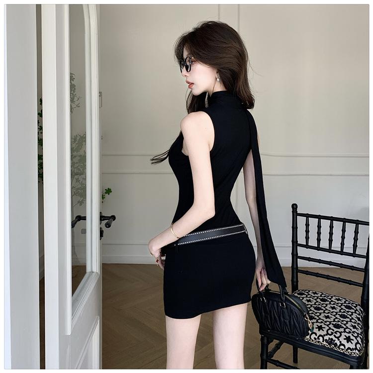 Sommer 2025 Amerikanisches Scharfes Bodycon Mini-Kleid mit Neckholder Wasserfallausschnitt - Sexy, Taillenbetonender Schwarzer Rock