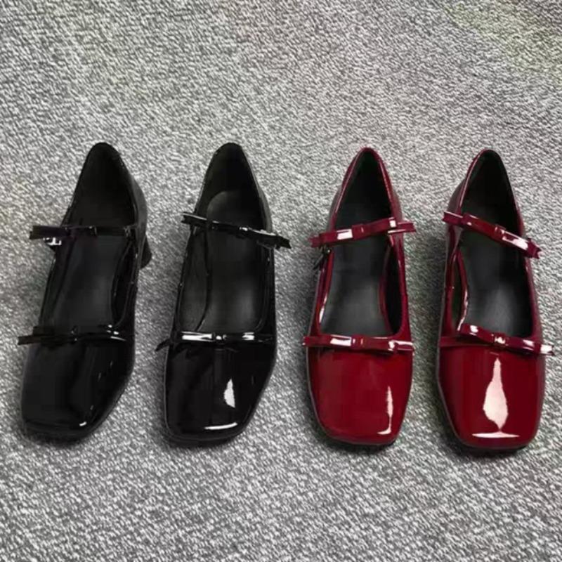 Spring and Summer New Fashion Block Heel Single Shoes Women's Shallow Bow Double Belt Buckle Mary Jane Shoes