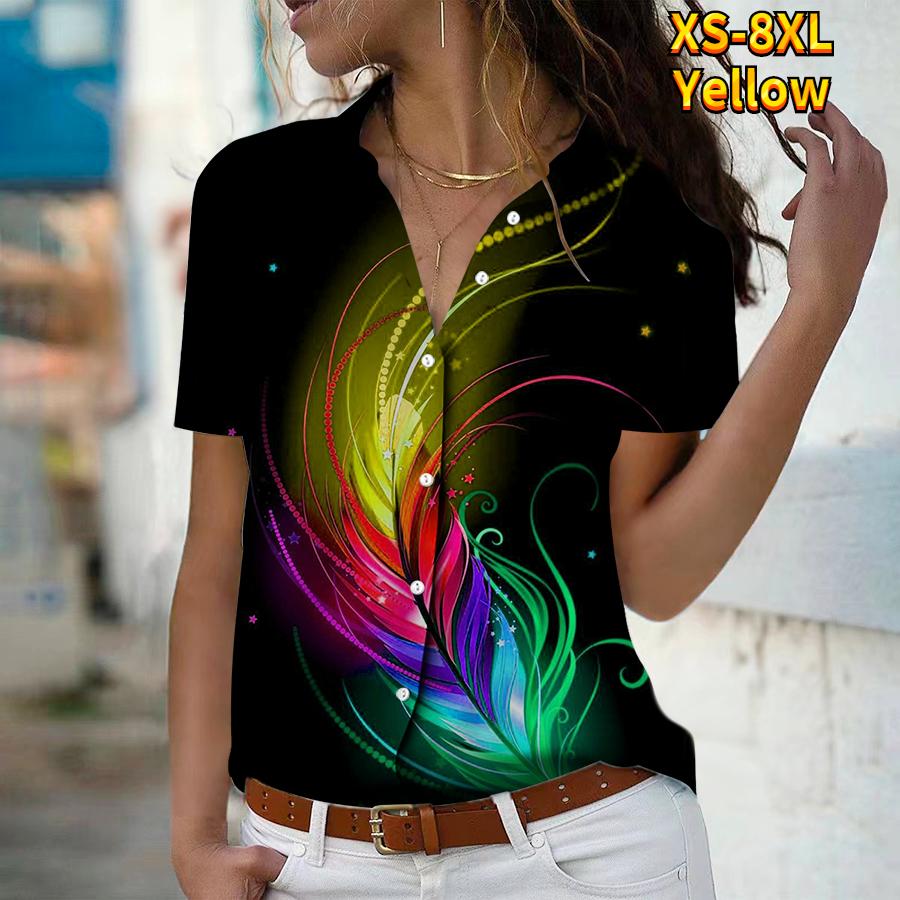 

2025 Summer New Fashion Women s Feather Printed Short Sleeve V-neck Casual Button-down Shirt Top 8XL жовтий