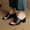 Summer Women's One-character Slippers Leather New High-heeled Slippers Women's New Casual Cool Slippers Square Head Pedal