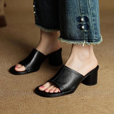 Summer Women's One-character Slippers Leather New High-heeled Slippers Women's New Casual Cool Slippers Square Head Pedal