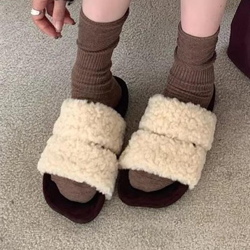 

Меховые балетки женские тапочки дизайнер квадратный носок короткие плюшевые повседневные туфли 2025 тренд прогулки уютный дом зима новинка Mujer Zapatillas 40 покинуть белый