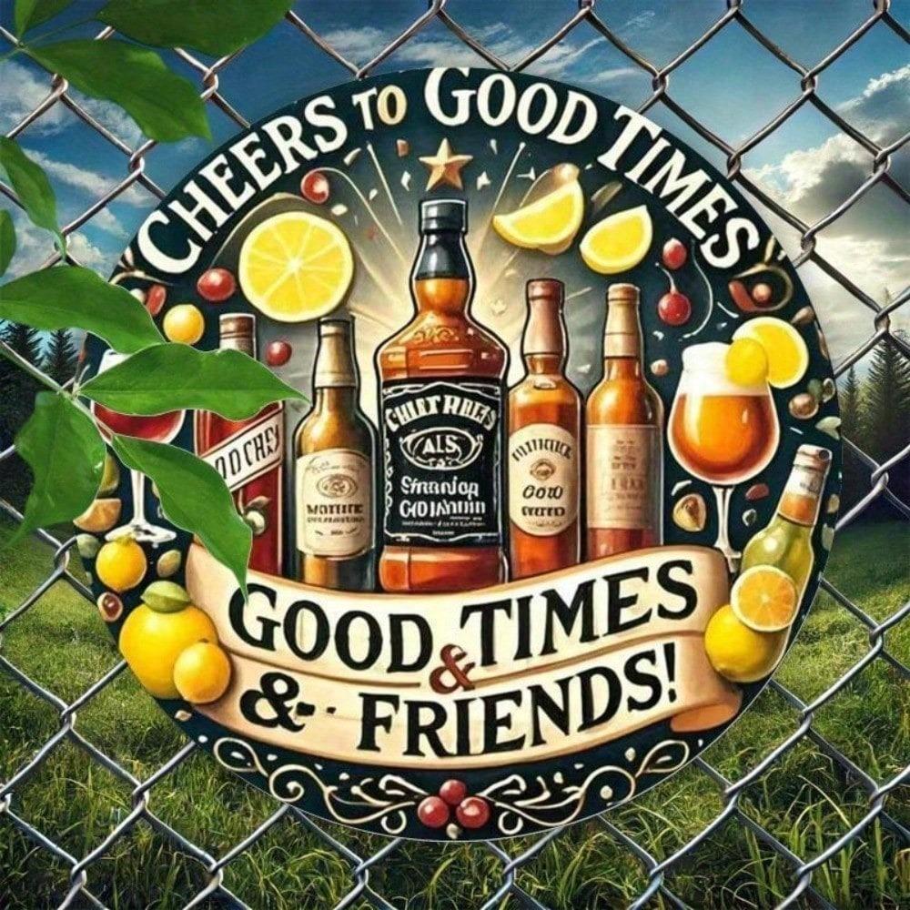 Cheers To Good Times & Friends Aluminum Wall Art, Whiskey Beer Wine Glasses Sign, 7.8 Inch Bar Cafe Garage Decor