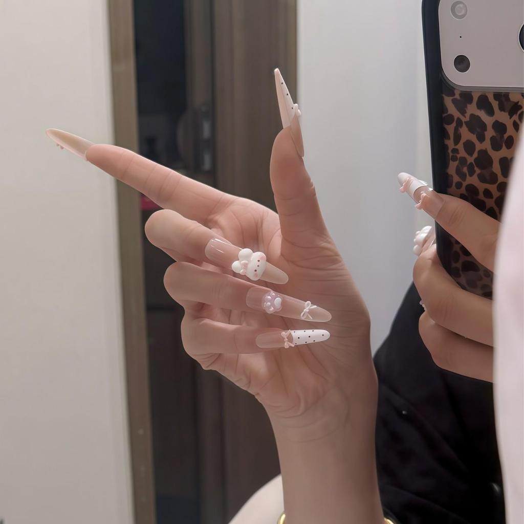 Transparent Nude Polka Dot Nail Stickers: 3D Rabbit & Heart Rhinestone Detachable False Nails