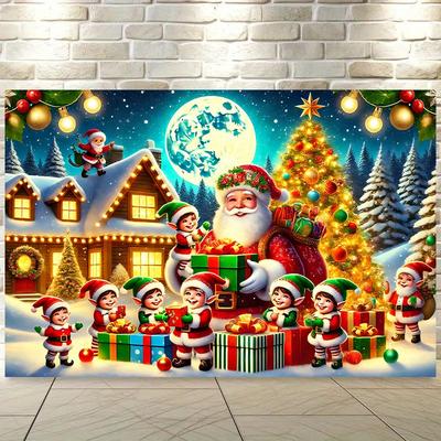 Santa Claus and Elves Holiday Gift Delivery Background Lively Christmas Scene Wall Hanging Christmas Decorations