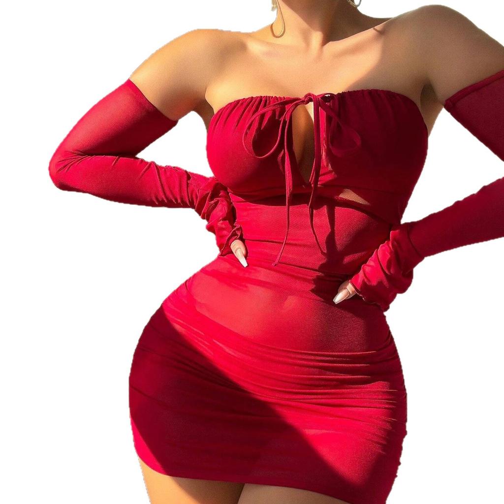 Sheer Bodycon Space-up Set Sex Suit Tube Top Tights Dress Sexy Breast Wrap Skirt