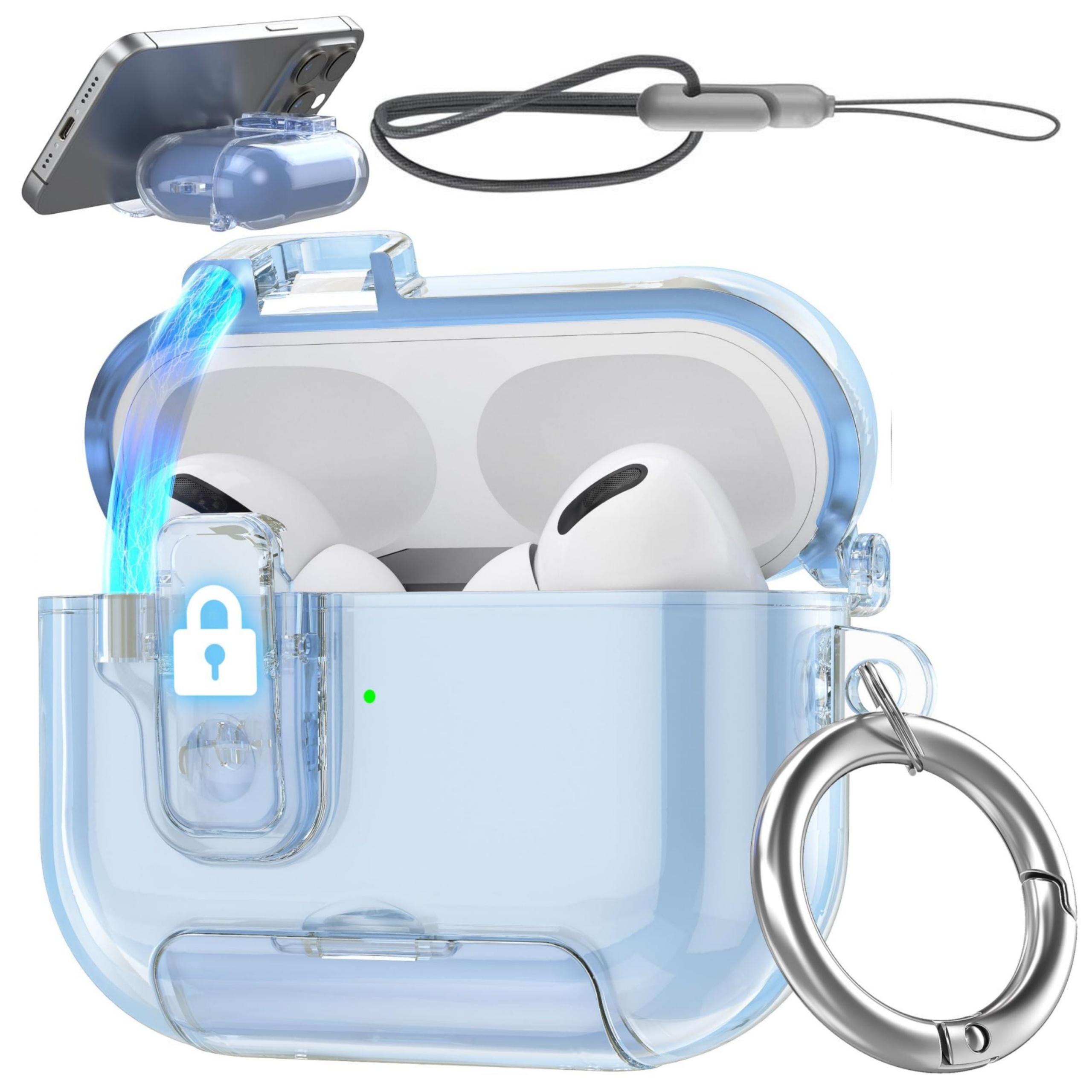 

для AirPods Pro 3 Чехол (2025) со шнурком [Автоматически выдвигающаяся крышка] Мягкий прозрачный чехол из ТПУ, конструкция подставки для телефона для чехла AirPods Pro 3 for AirPods Pro 3 очистить синий