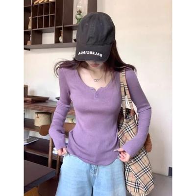 Spring New Pit Strip Thin Button Half Open Neck Pure Desire Long Sleeve Spice Girl Base with Knitted Top Women