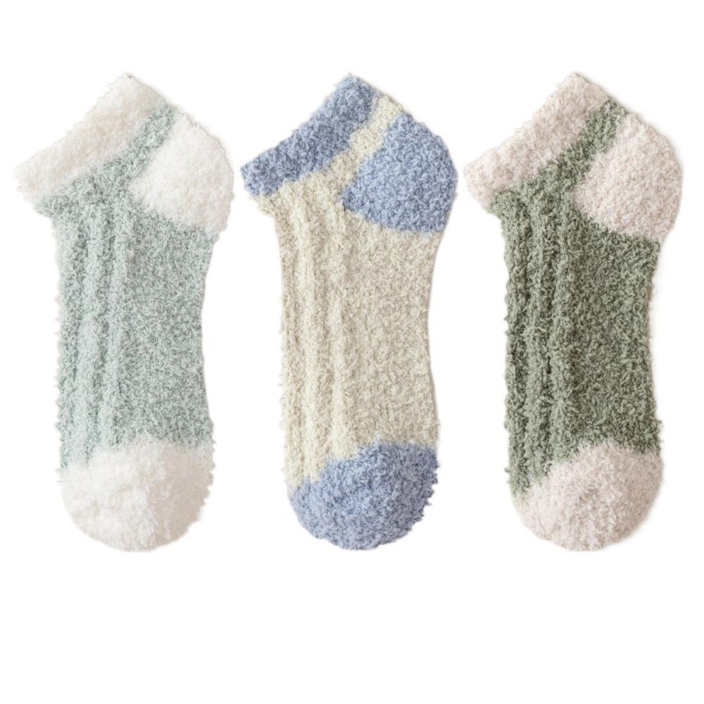 3Pairs Thickened Coral Fleece Socks Patchwork Warm Boat Socks Women Kawaii Floor Plush Socks  Winter