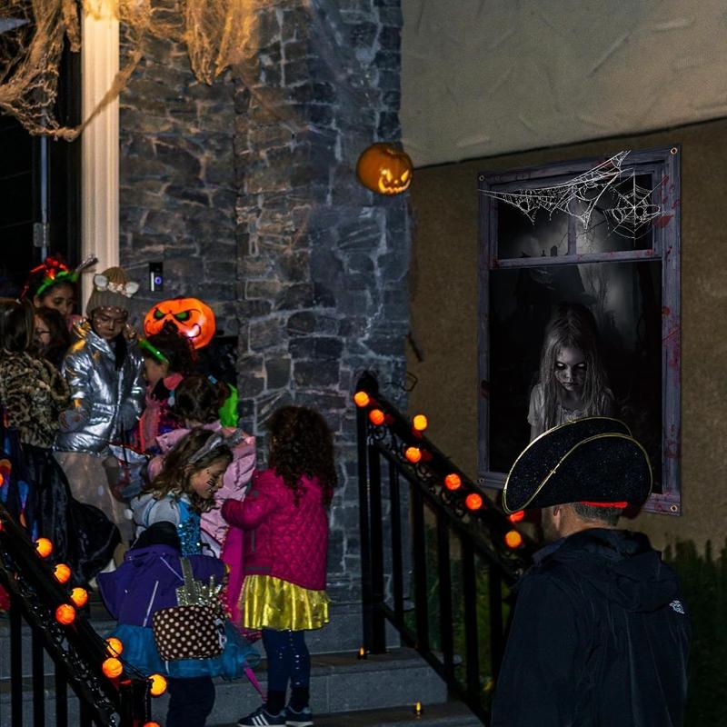 2-Piece Halloween Zombie Ghost Decor Bloody Window Scary Backdrop Outdoor Horror Hanging Cloth Spooky Party Supplies