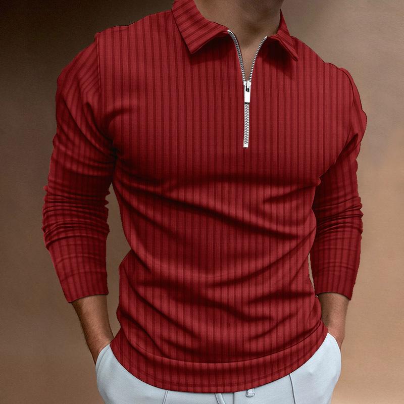 2022 European & American Autumn/Winter Men's Striped Long Sleeve Zip Polo Shirt