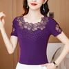 Summer Short Sleeved O Neck Women's T Shirt Elegant Slim Sexy Hollow Out Tees Drilling Mesh Lace