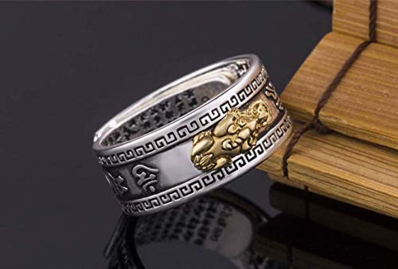 Rockyu Brand Free Size Silver Ring with Pixiu Heart Sutra Antique Amulet Ring for Protection from Evil and Good Fortune Men's Engraving, Style,