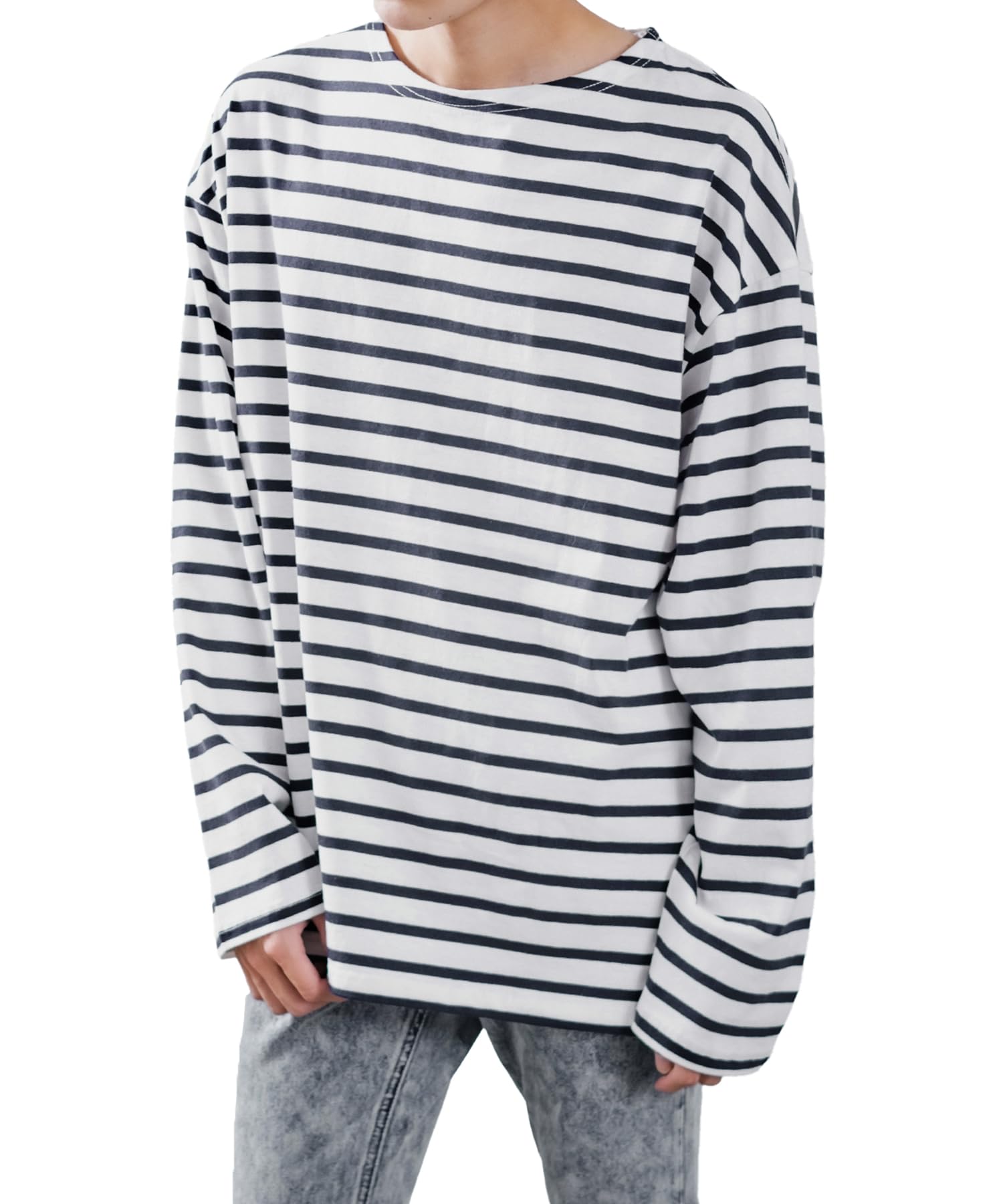 

Improves Men s Border Boat Neck Long Sleeve T-Shirt, 50415, Off-White/Navy, Size M