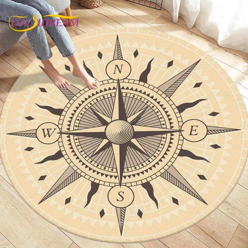 Compass Round Area Rug,Retro British Navy New World Discovery Rug,Carpets for Living Room Bedroom,Kids Play Non-slip Floor Mats