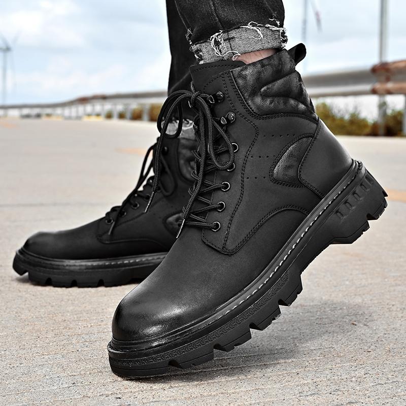 Męskie Botki Skórzane Sznurowane Botki Jesienne do Kostki Buty Męskie Platforma Antypoślizgowe Outdoorowe Buty Robocze Buty Motocyklowe