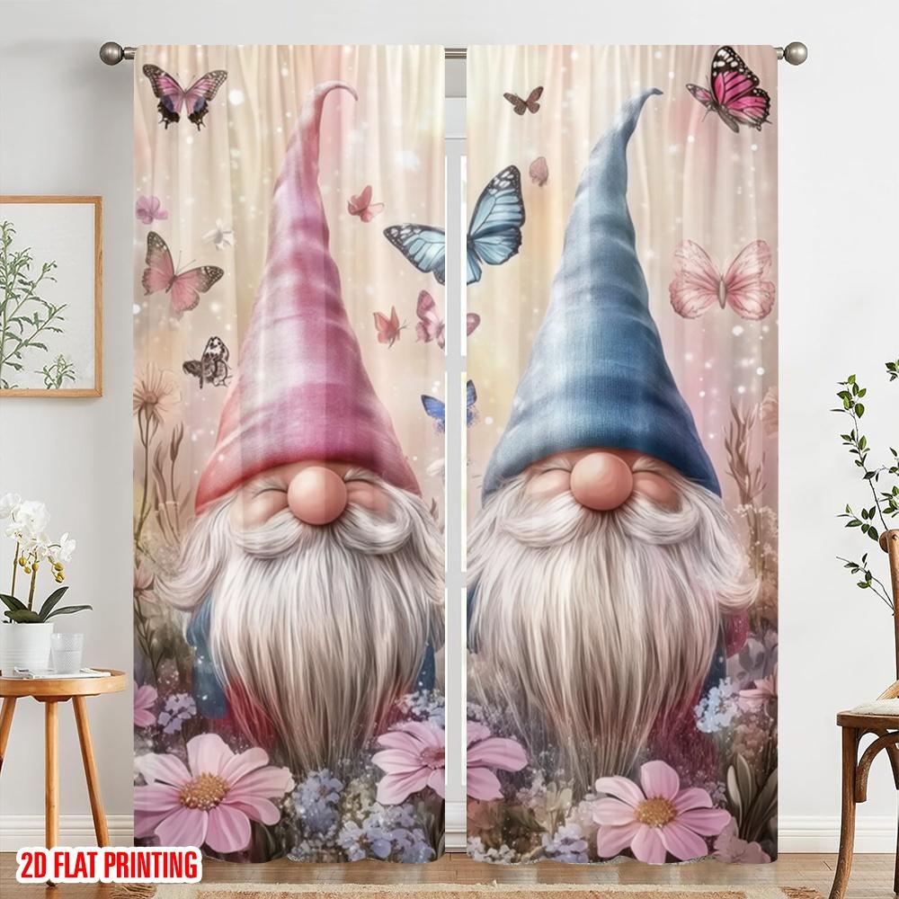 2Pcs,2D Plane Printing Popular Curtain Panels Garden Gnome Bliss Versatile Polyester Fabric (Without Rod) All Seasons For